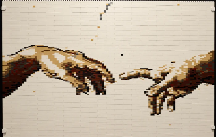 la création du monde de Michel-Ange, reproduction d'un détail de la fresque de la chapelle sixtine en briques LEGO par Nathan SAWAYA
